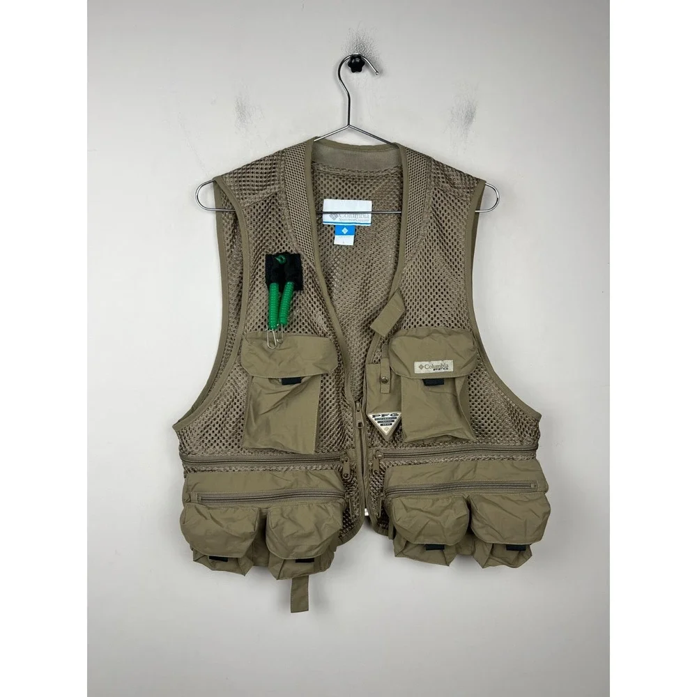 Columbia PFG Fishing Vest Mens Large Tan Mesh Utility Fly Fishing FM1001 V-Neck